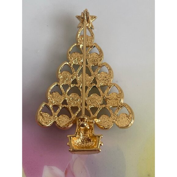Vintage 1980s Goldtone Rhinestone Christmas Brooch - Picture 3 of 6